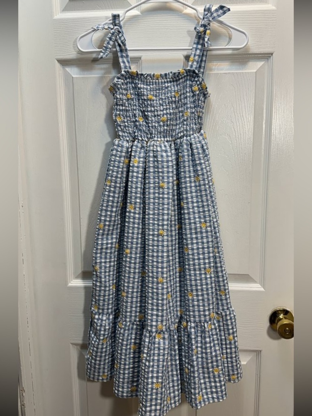 btween Blue Gingham Smocked Maxi Dress with Yellow Floral Embroidery